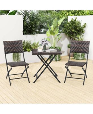 3 Piece Rattan Bistro Set Outdoor Folding Dining Table and Chairs with Wicker Seat