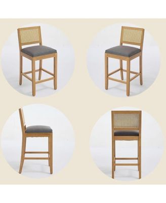 Rattan Bar Stools Set of 2 - Linen Fabric Upholstered, High-Resilience Foam and S-Springs, Counter Height Chairs for Kitchen Island