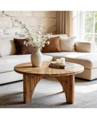 Solid Wood Round Coffee Table, Farmhouse Center Table with Curved Legs, Circle Cocktail Tea Table
