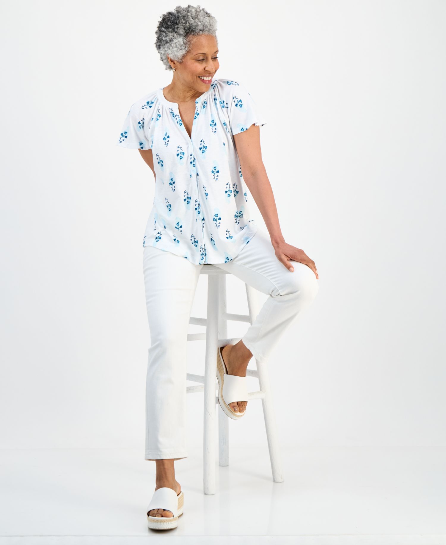 Petite Printed Button-Front Short-Sleeve Top