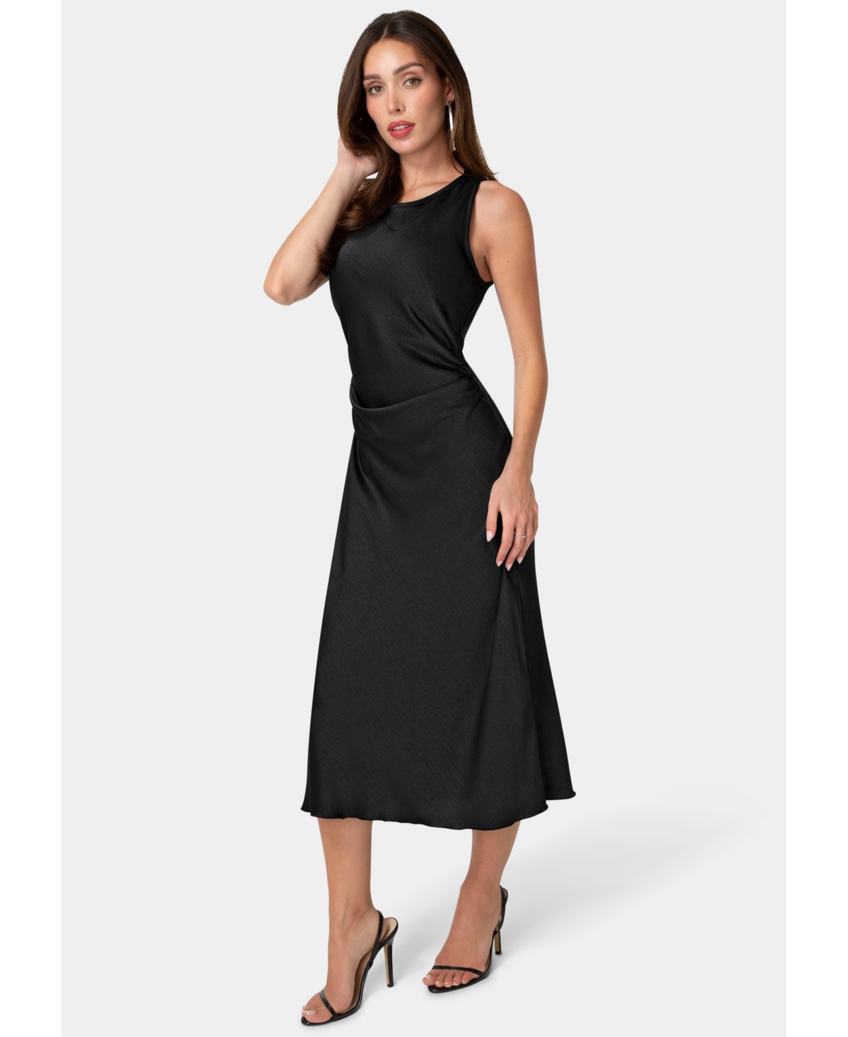 Bebe Women's Crushed Satin High Neck Shirred Maxi Dress