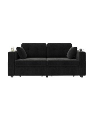 Modern 2-Seater Chenille Couch, 67 Inch Loveseat Sofa with USB Ports, Cup Holders, Storage and Solid Wood Frame for Living Room