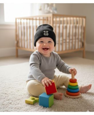 Kids "Plaid Bear" Ribbed Rayon-Blend Embroidered Beanie