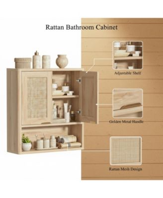 Rattan Wall Mounted Bathroom Cabinet Adjustable Shelf Over Toilet Storage Organizer Boho Style