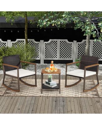 3PCS Patio Rattan Rocking Chair Bistro Set Armrest Cushion Table w/ Storage Shelf