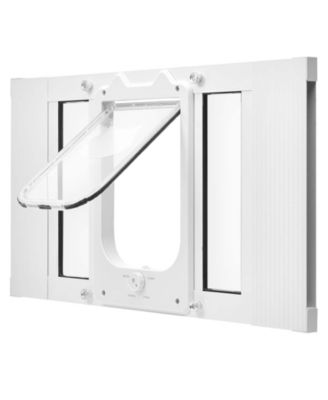 Adjustable Window Cat Door 23"–28" Wide with 4 Lock Modes and Aluminum Frame