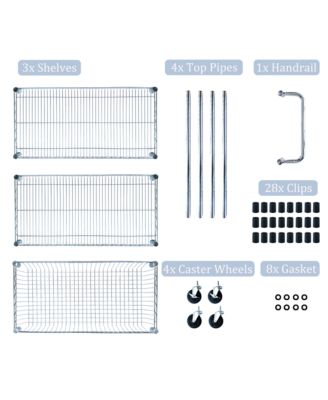 Heavy Duty Rolling Utility Cart, 3 Tier Metal Kitchen Carts On Wheels with Handle Bar & Wire Shelf for Restaurant, Plant Display