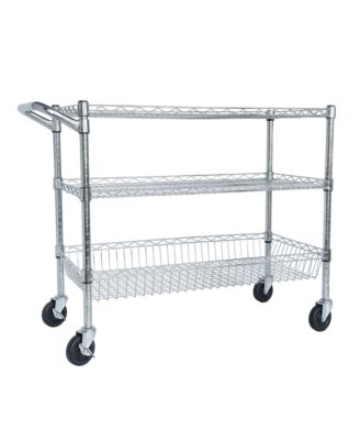 Heavy Duty Rolling Utility Cart, 3 Tier Metal Kitchen Carts On Wheels with Handle Bar & Wire Shelf for Restaurant, Plant Display