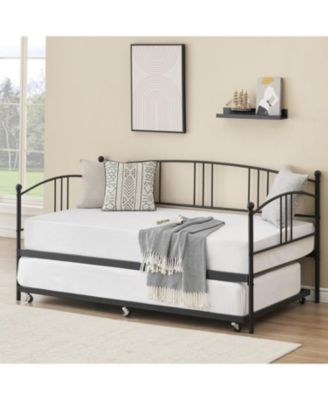 Twin Metal Daybed with Trundle, Pullout Trundle Bed with Casters, Steel Slat Support Sofa Bed for Bedroom,Guest Room