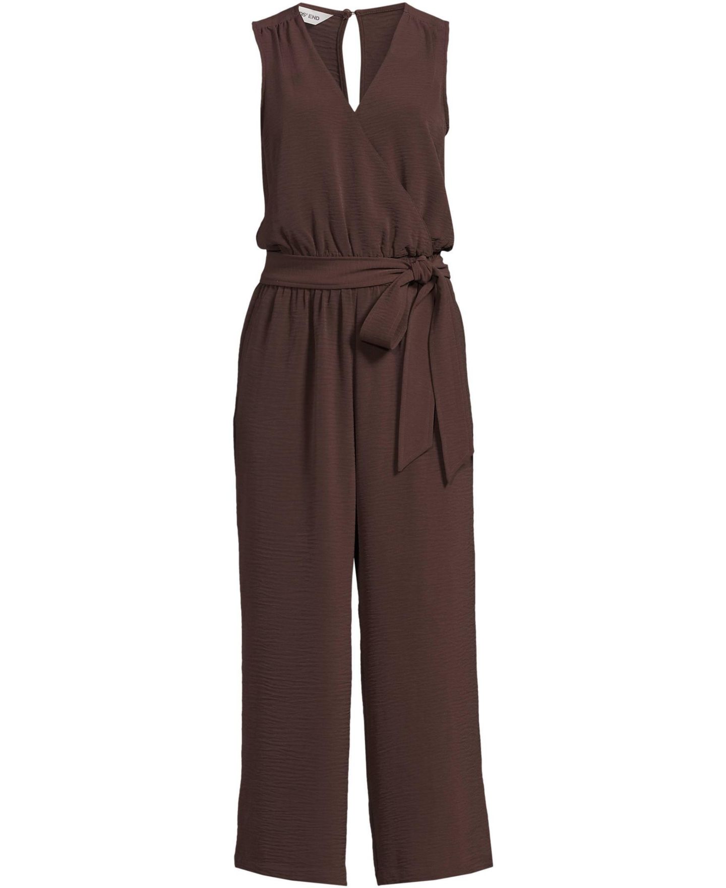 Женский комбинезон Lands' End Petite Sleeveless Creaseless Wrap Jumpsuit with Smocked Waist, цвет: Насыщенный коричневый — фото 3