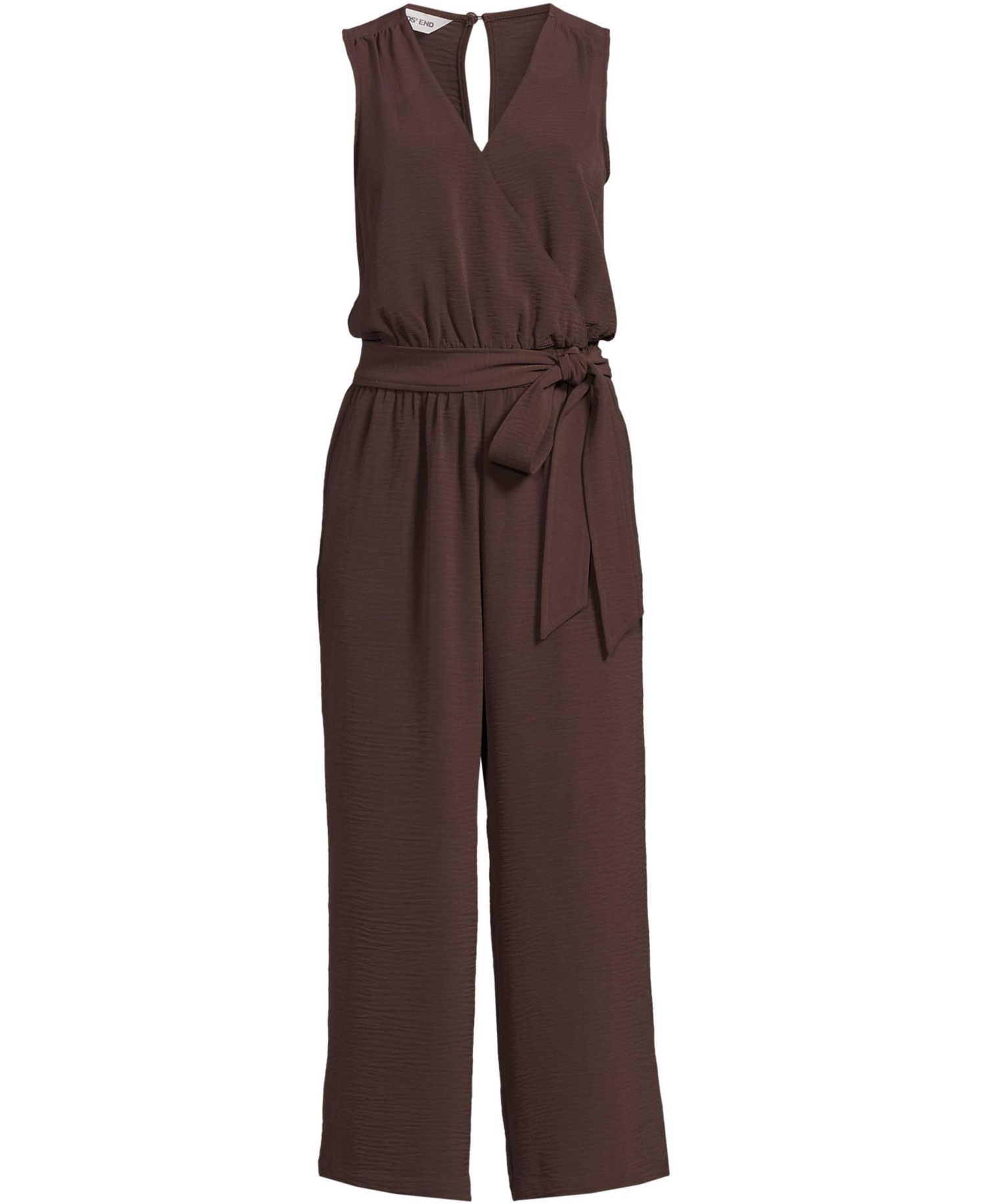 Petite Sleeveless Creaseless Wrap Jumpsuit with Smocked Waist