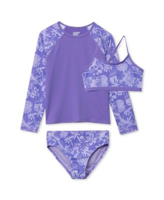 Girls Chlorine Resistant Long Sleeve Rash Guard Bikini 3 Piece Swimsuit Set