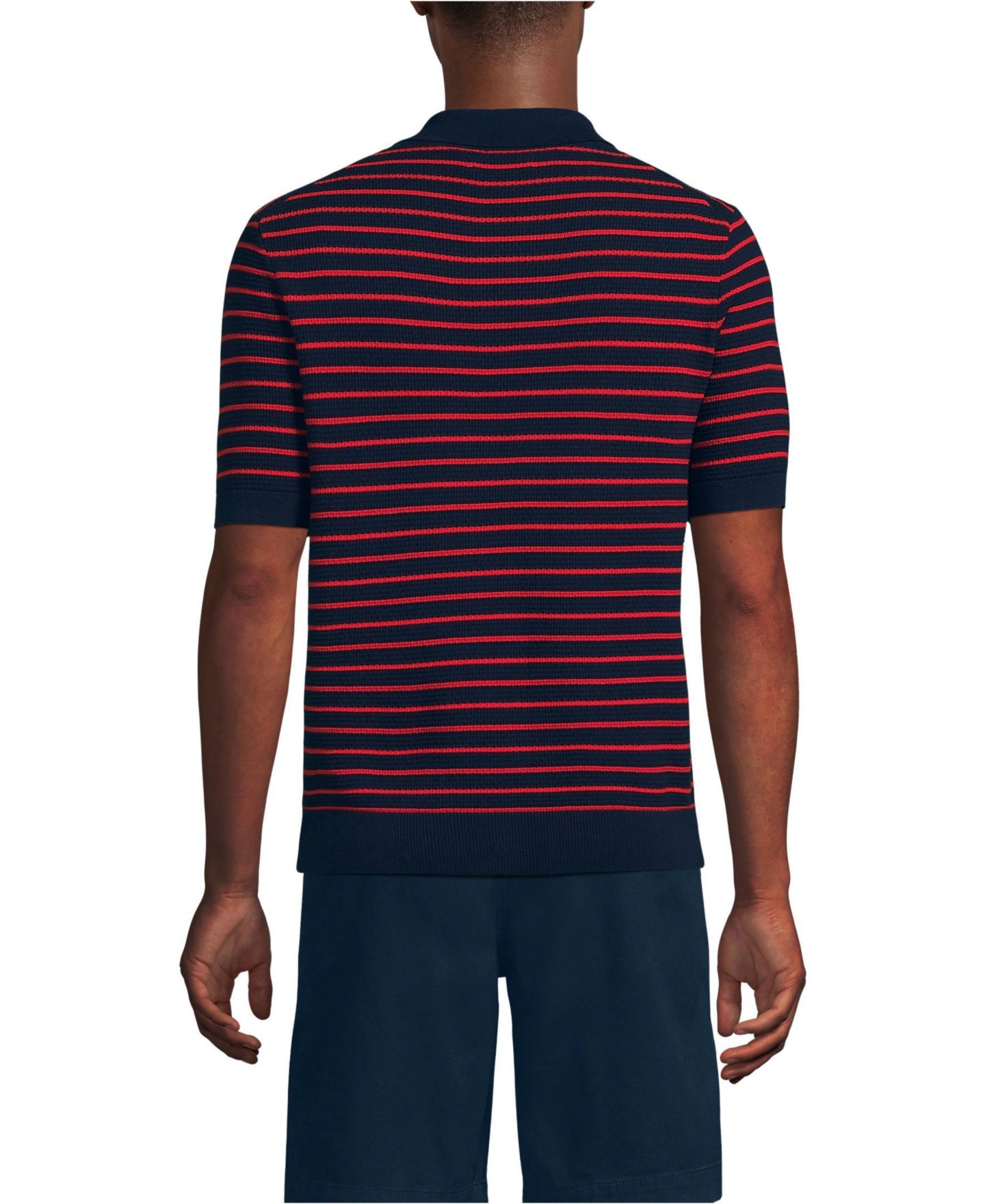 Мужские топы Lands' End Short Sleeve Fine Gauge Sweater Polo, цвет: Тёмно-синий / Красный полосатый — фото 2