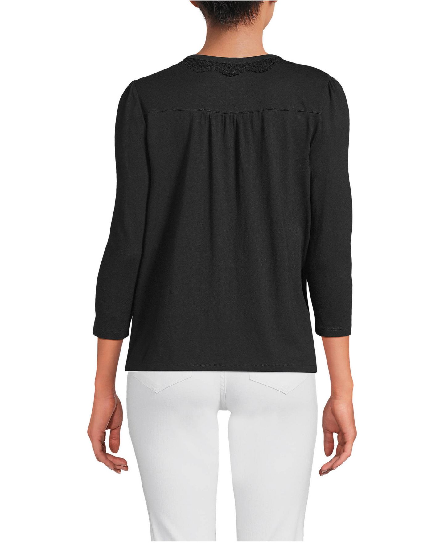 Женский топ Lands' End 3/4 Sleeve Slub V-neck Lace Trim, цвет: Чёрный — фото 2