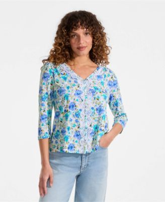 Women's 3/4 Sleeve Slub V-neck Lace Trim Top