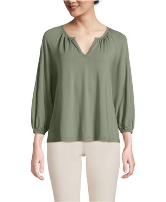 Women's Lightweight Jersey 3/4 Sleeve Notch Neck Gather Blouse