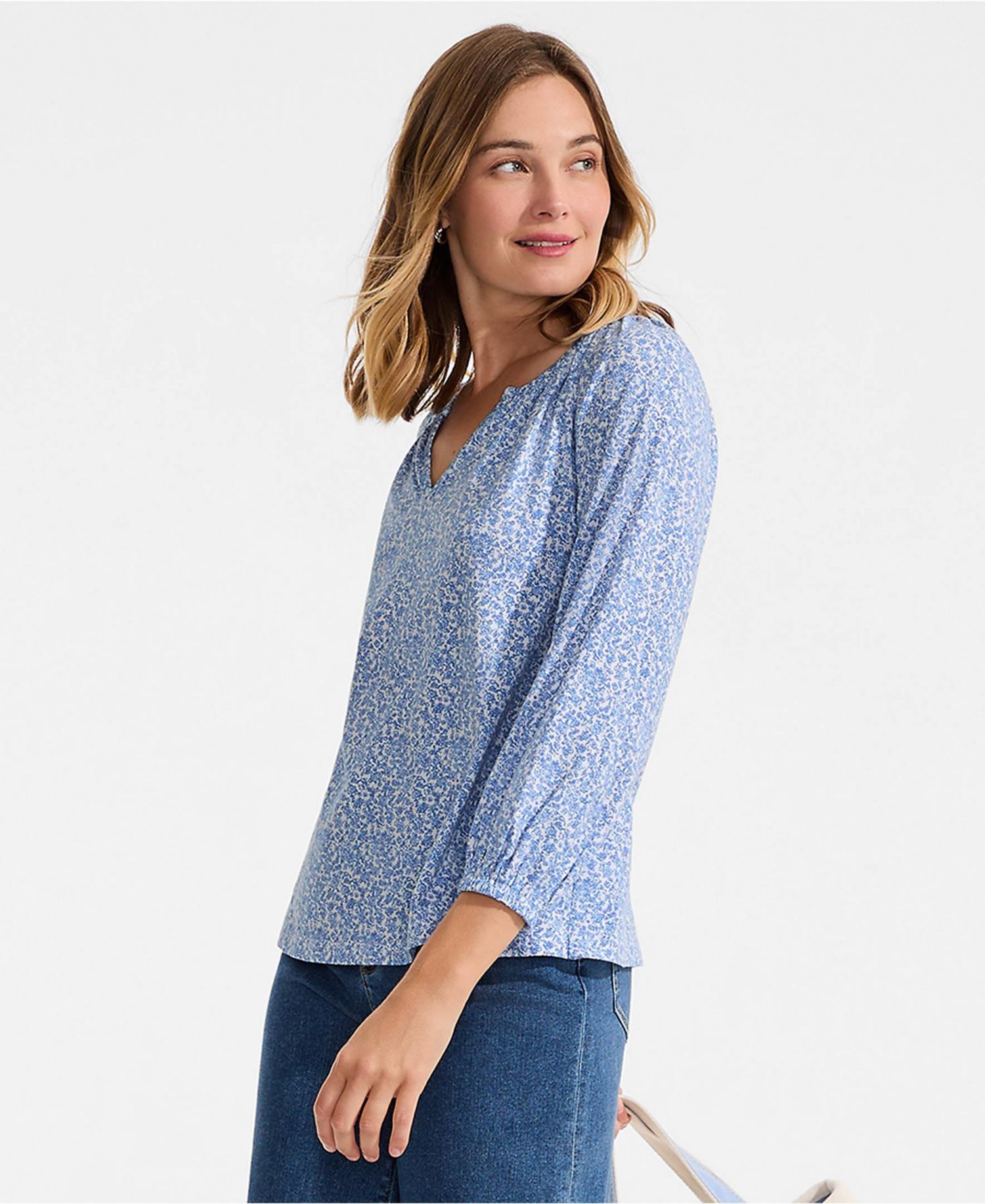 Women's Lightweight Jersey 3/4 Sleeve Notch Neck Gather Blouse