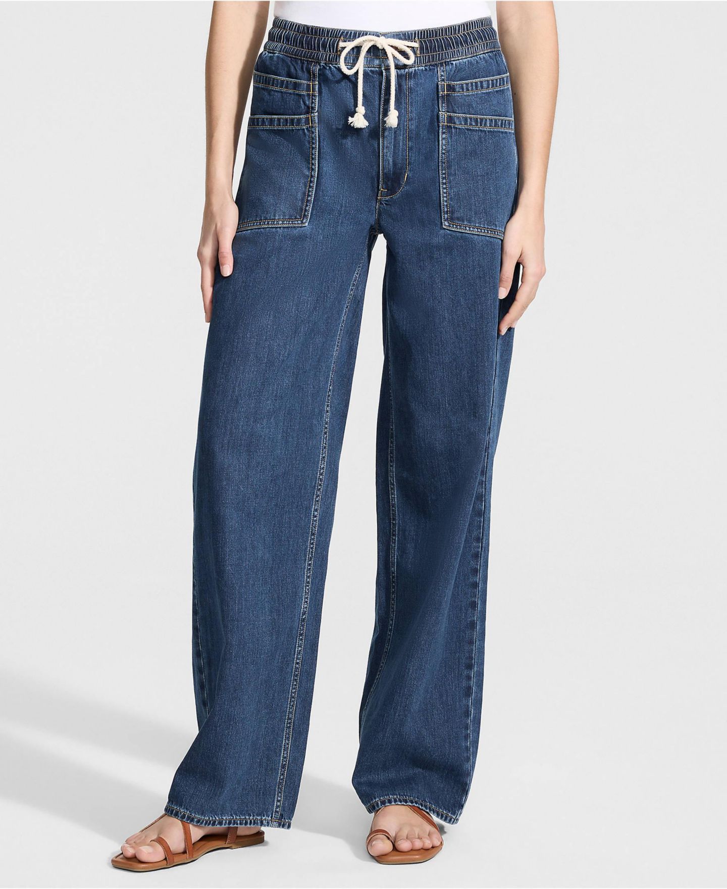 Женские джинсы Lands' End Lightweight Denim High Rise Relaxed Straight Pull On Pocket, цвет: Варёный — фото 1