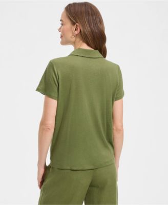Women's Linen Blend Short Sleeve Button Front Polo Top