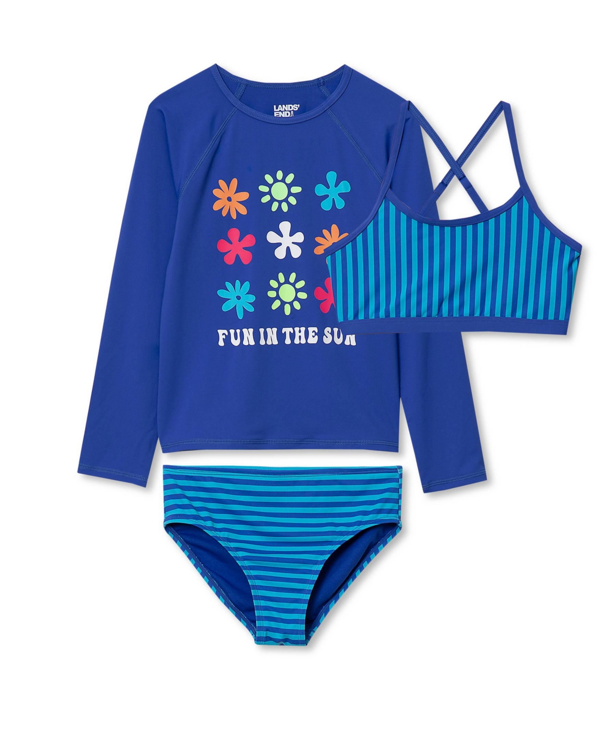 Lands' End Girls Chlorine Resistant Long Sleeve Rash Guard Bikini 3 Piece Swimsuit Set