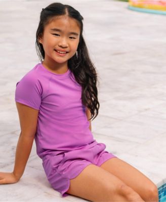 Girls Slim Chlorine Resistant Short Sleeve Magic Print Swim Rash Guard