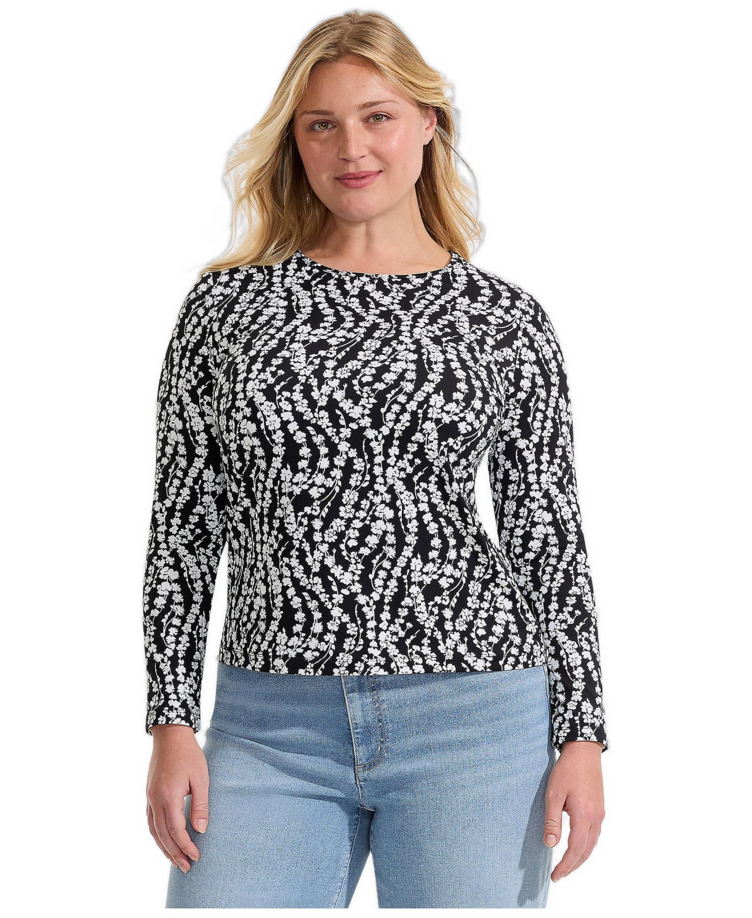Plus Size Long Sleeve Crewneck Garden Tee - Sunshade UPF 50 Quick Dry