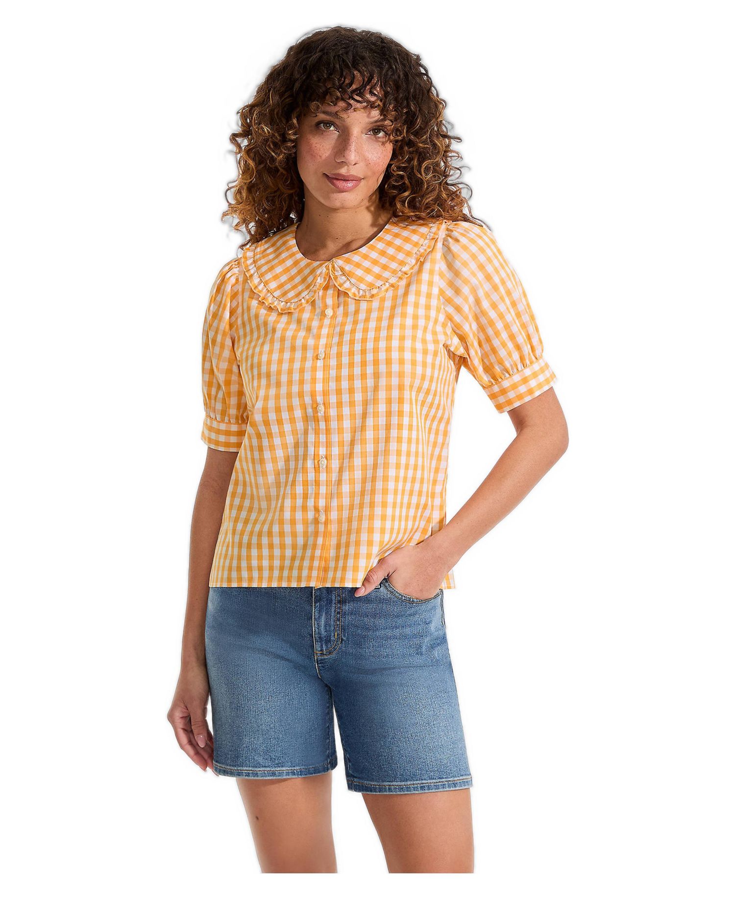Women's Carefree Cotton Puff Sleeve Statement Collar Shirt