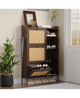 Shoe Storage Cabinet with 3 Flip Drawers, Rattan Hidden Freestanding Organizer with Adjustable Shelves and Metal Knob for Entryway, Hallway