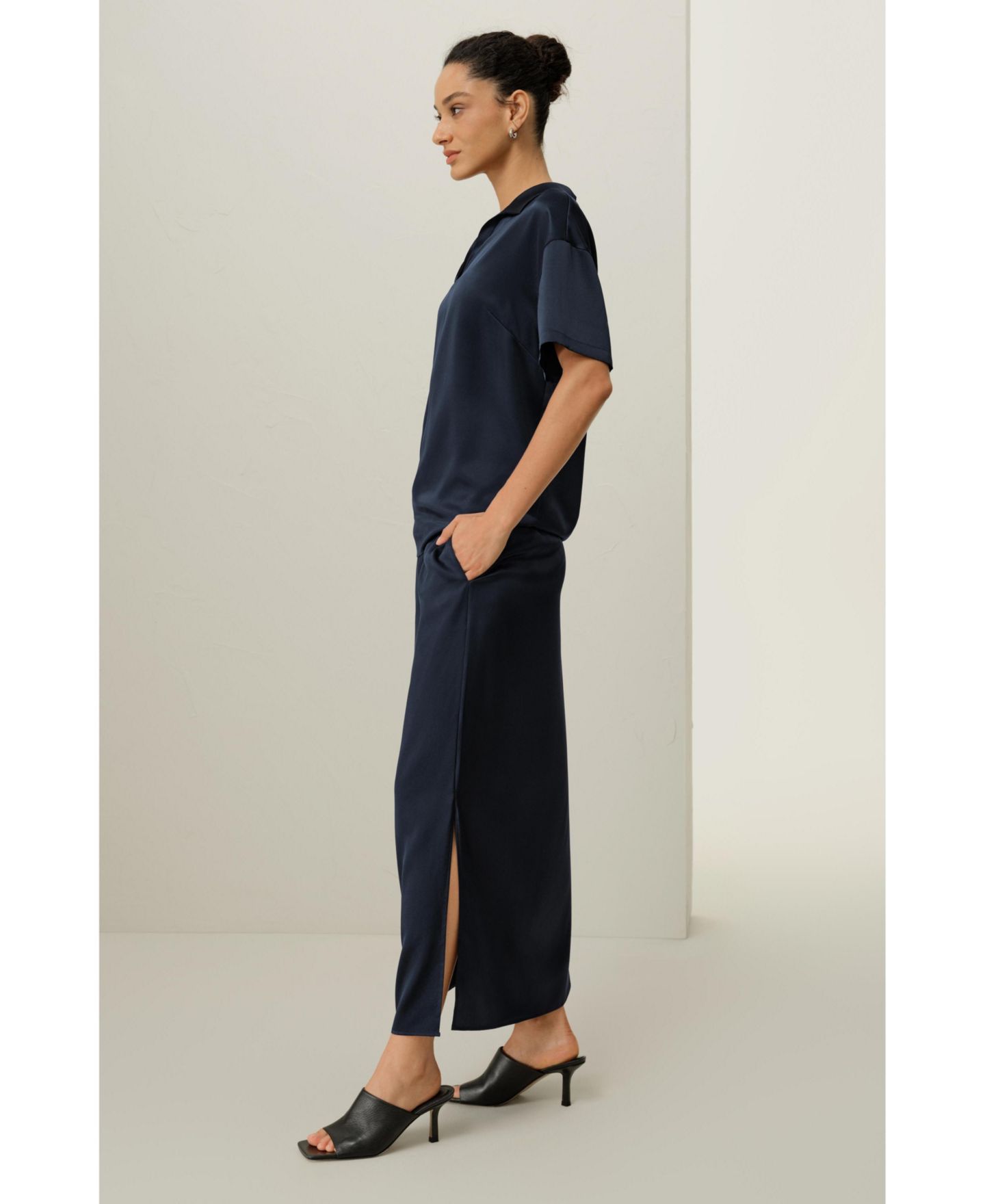 Женский топ LILYSILK Washable Silk Charmeuse Polo, цвет: Полуночный синий — фото 2