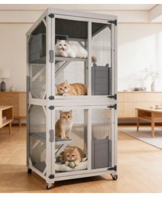 Zeus and Ruta Large Outdoor Cat Enclosure Catio With Wheels Multi Level Wooden Cat House With Platforms Lockable Doors