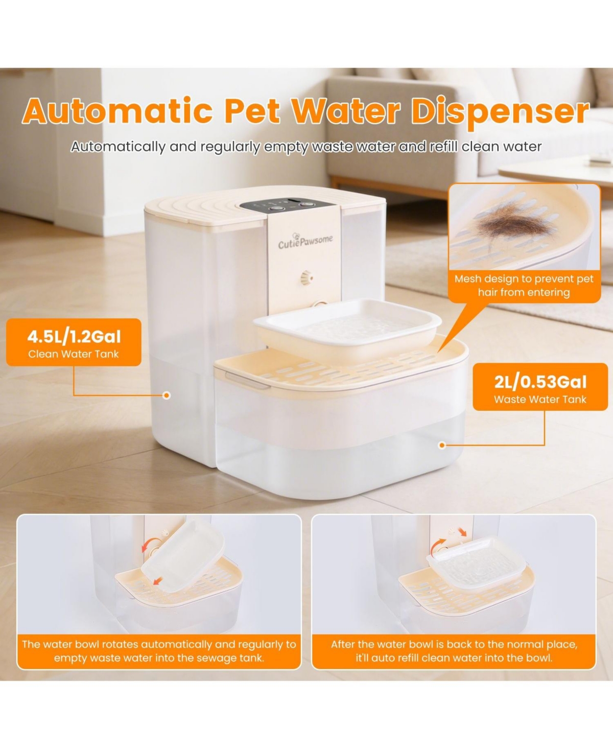Zeus and Ruta Smart Pet Water Fountain 45L Cordless Rechargeable Auto Cat Dog Dispenser Remote Control 3 Volume Settings