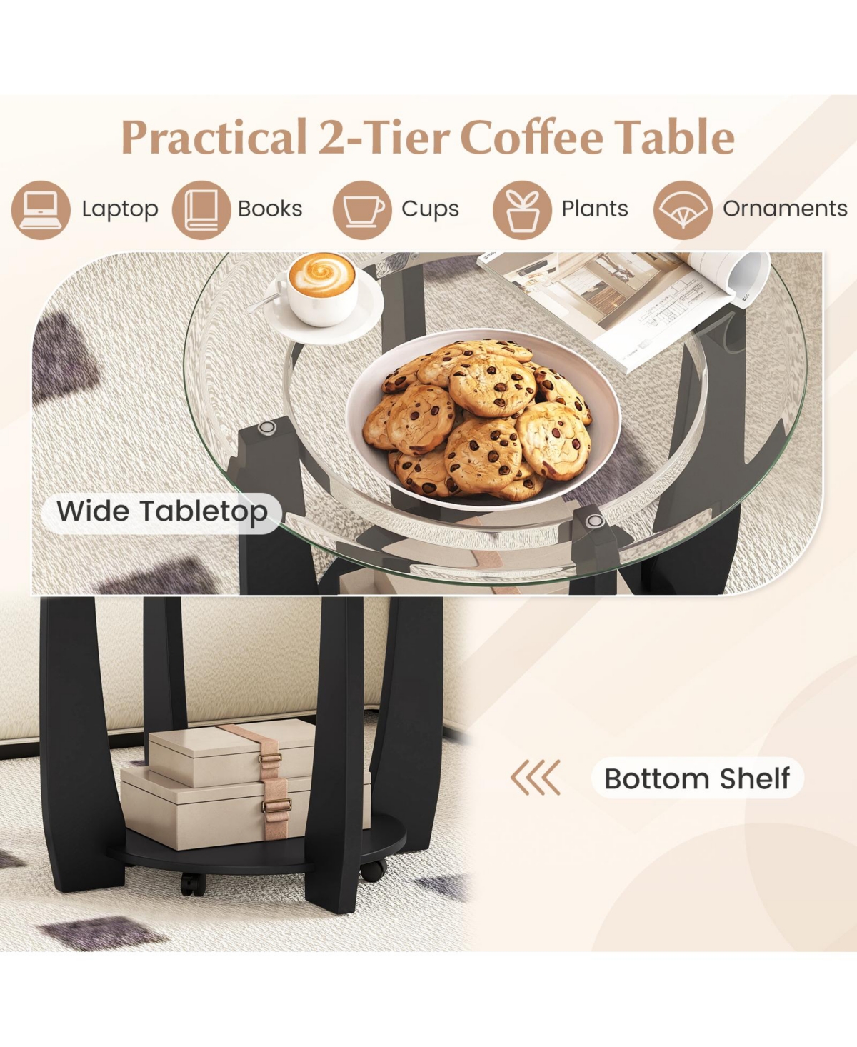 Slickblue Round Glass Coffee Table 2 Tier with Storage Shelf