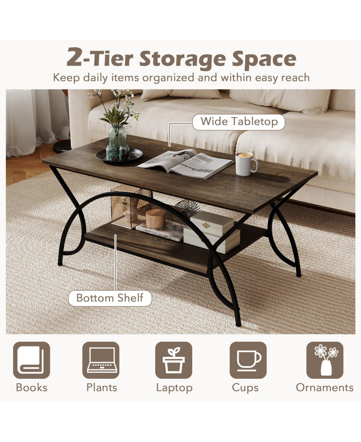 Slickblue 2 Tier Coffee Table with Storage Shelf Oak Finish