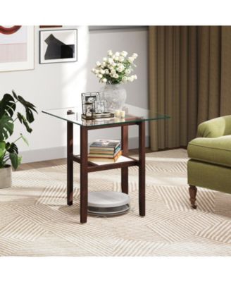 Square Glass Coffee Table 2 Tier with Shelf Brown
