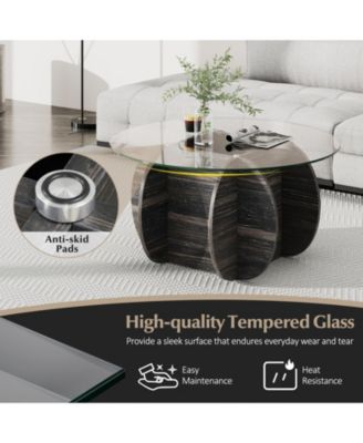 Round Coffee Table Tempered Glass Wood Base