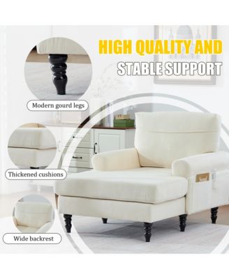 Oversized Chaise Lounge Chair, Chenille Leisure Recliner Single Sofa with Wooden Legs and Side Pockets for Living Room, Bedroom
