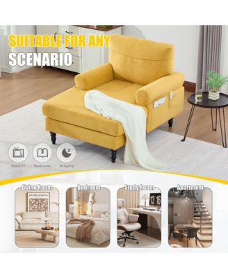 Comfortable Chenille Chaise Lounge Chair, Oversized Leisure Recliner Single Sofa with Wood Legs and Side Storage Pockets for Home Use