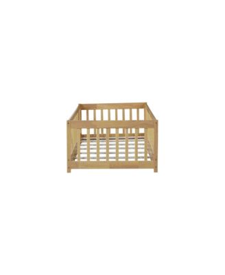 Twin Size Floor Bed with Fence and Door,Rubber Wood Floor Bed with Safety Guardrails