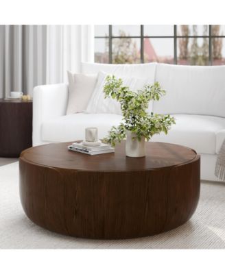  Outdoor Indoor Coffee Table, Modern Wood Grain Drum Center Table,Backyard, Living Room