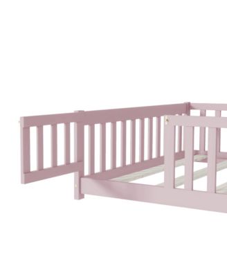 Full Size Floor Bed with Fence and Door,Rubber Wood Floor Bed with Safety Guardrails