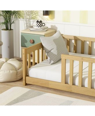 Twin Size Floor Bed with Fence without Door, Rubber Wood Floor Bed with Safety Guardrails