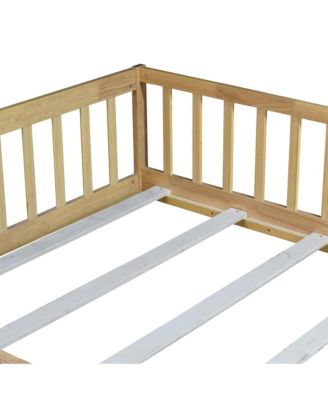 Full Size Floor Bed with Fence and Door,Rubber Wood Floor Bed with Safety Guardrails