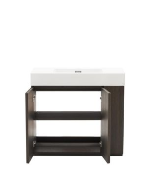 Modern Bathroom Vanity with Quartz Sink, Soft-Close Doors, Open Shelf Storage, Winston Walnut Mid-Century Fluted Cabinet