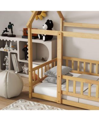 Twin Size House Floor Wooden Bed with Roof Frame,Safety Guardrails