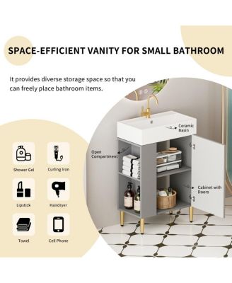 Small Bathroom Vanity with Ceramic Sink, Modern Wood Base, Soft Close Door and Open Shelves for Compact Spaces