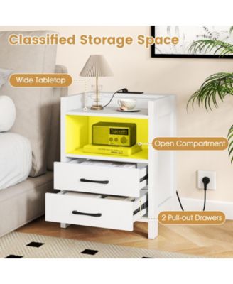 Nightstand w/ LED Lights and Charging Station 23.5'' Smart Bedside Table w/ Drawer and Open Storage Shelf