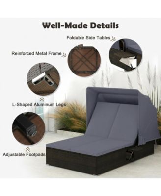 Double Patio Chaise Lounge with Retractable Canopy and Folding Trays