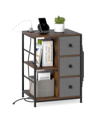 Nightstand 3-Tier Storage End Table Bedside Table with Charging Station and Shelf