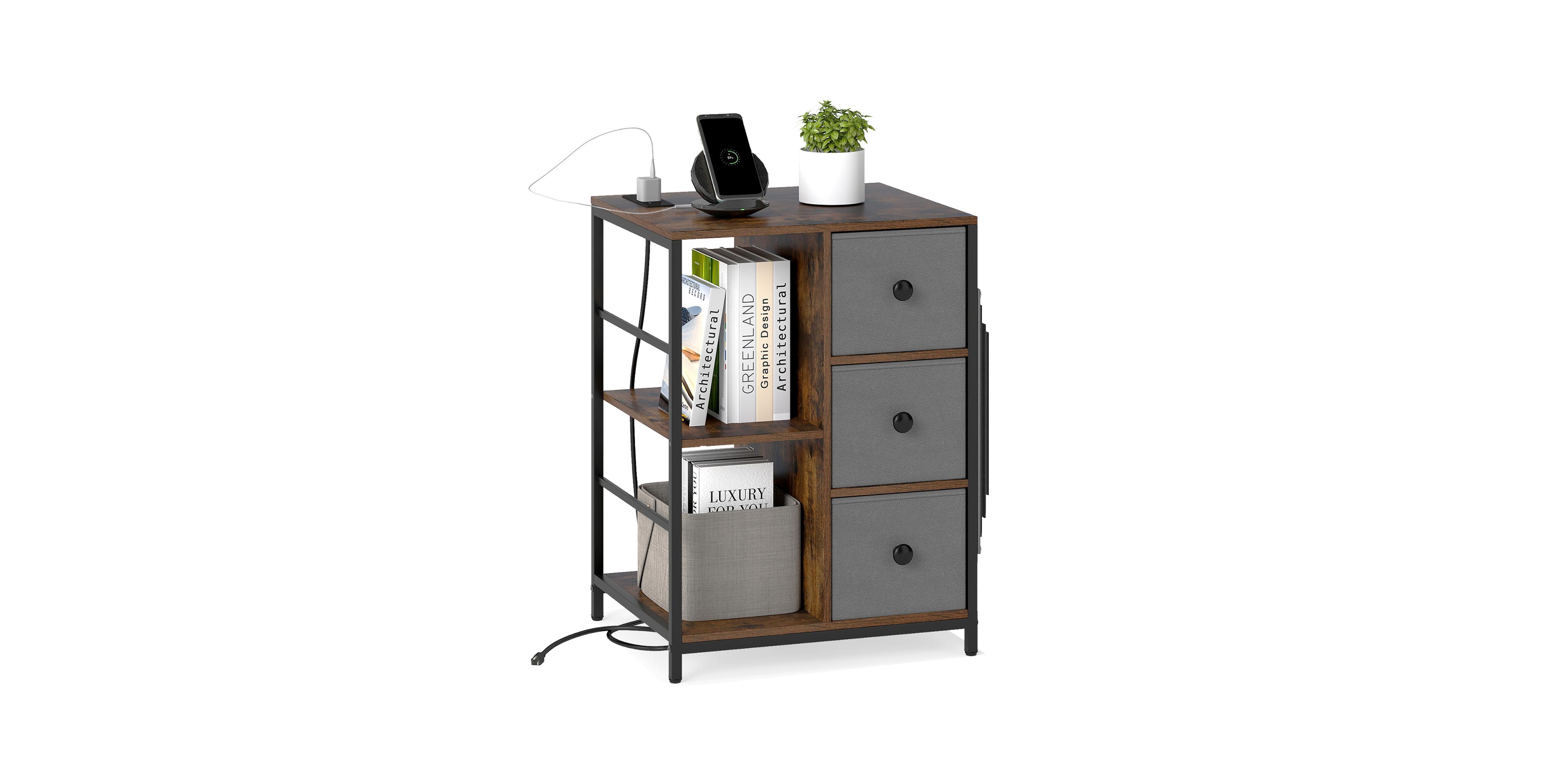 Gymax Nightstand 3-Tier Storage End Table Bedside Table with Charging Station and Shelf