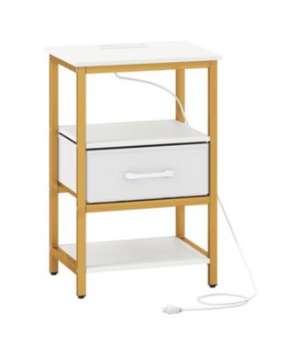 Nightstand w/Charging Station Fabric Drawer and Open Storage Shelves Metal Frame